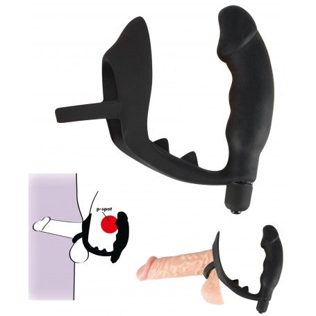 VIBRATORE ANALE DILDO CON ANELLO FALLICO INDOSSABILE PLU VIBRANTE FALLO IN SILICONE NERO THE BLACK